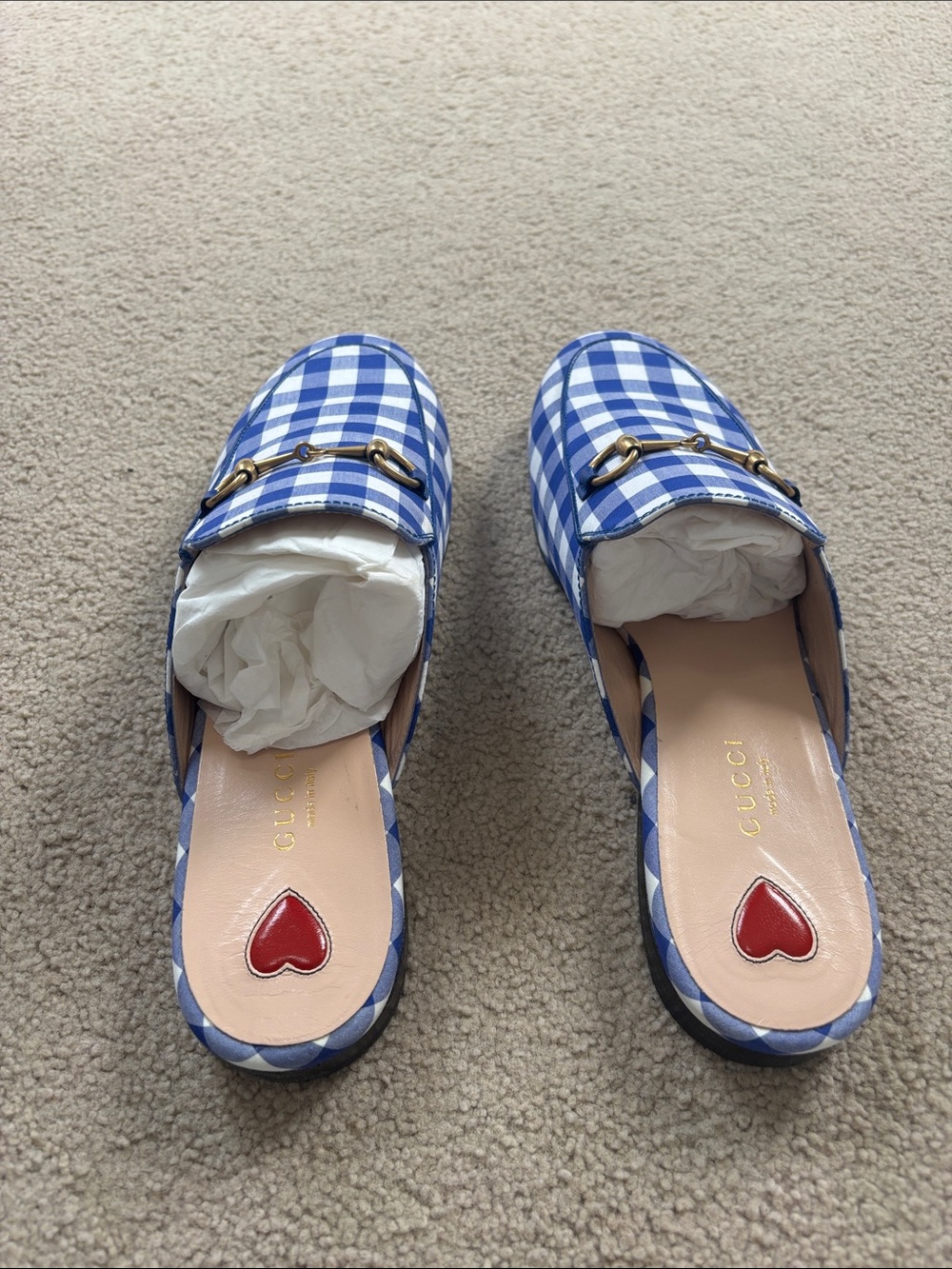Gucci gingham light blue shoes with heart soles
